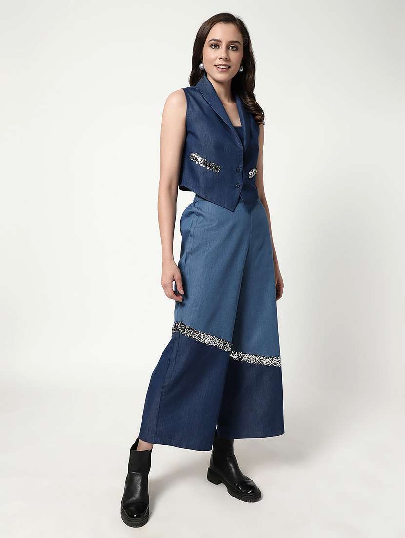 women blue denim top and trouser co-ord set - 21644477 -  Standard Image - 1