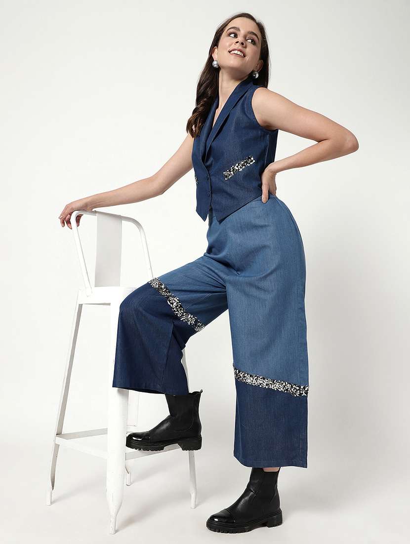 women blue denim top and trouser co-ord set - 21644477 -  Standard Image - 4