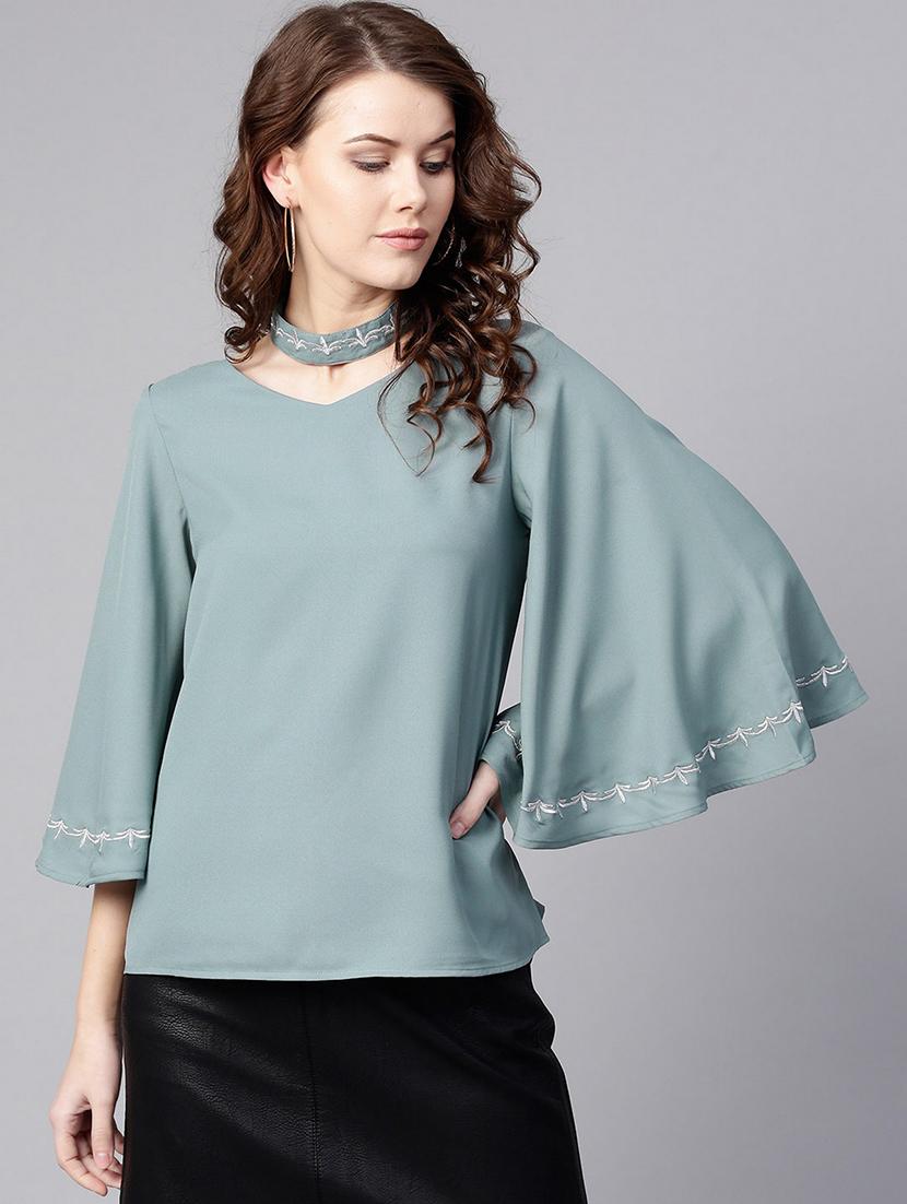 women solid bell sleeves regular top