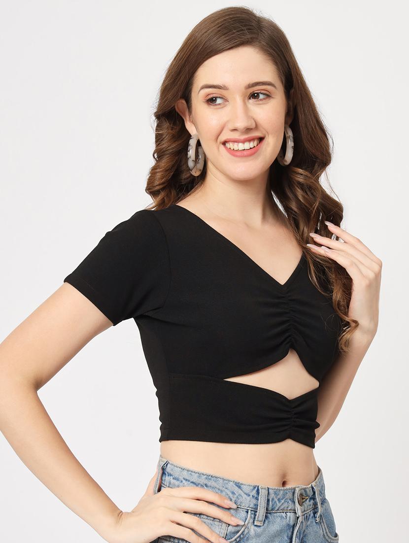 women solid short sleeves crop top - 21644550 - Standard Image - 1