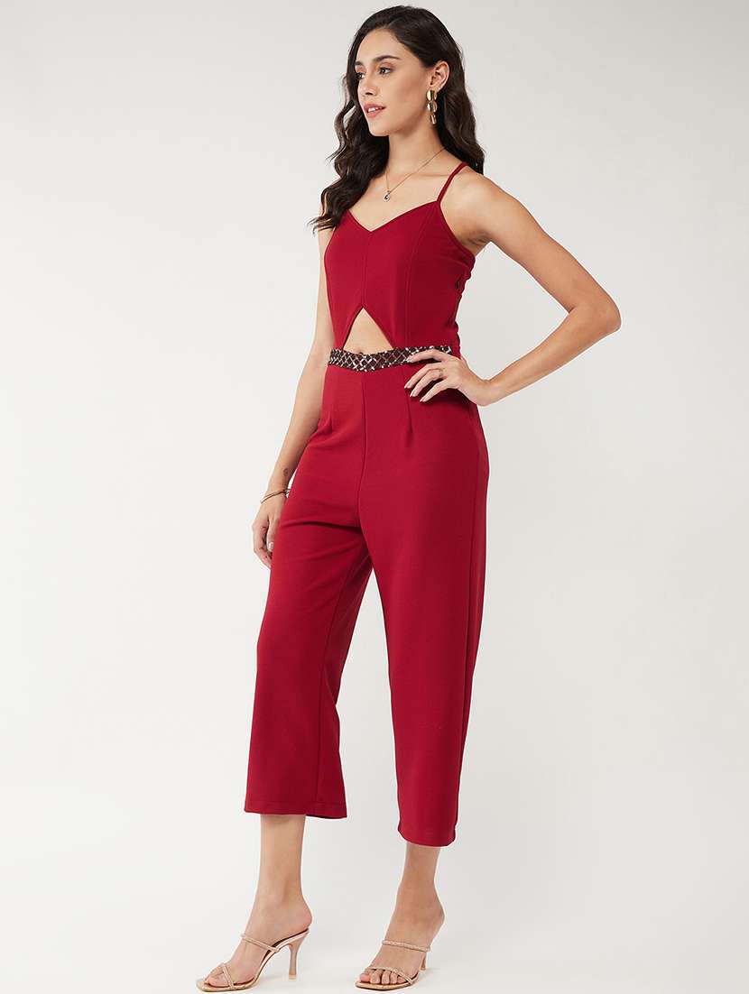 women solid shoulder strap full length jumpsuit