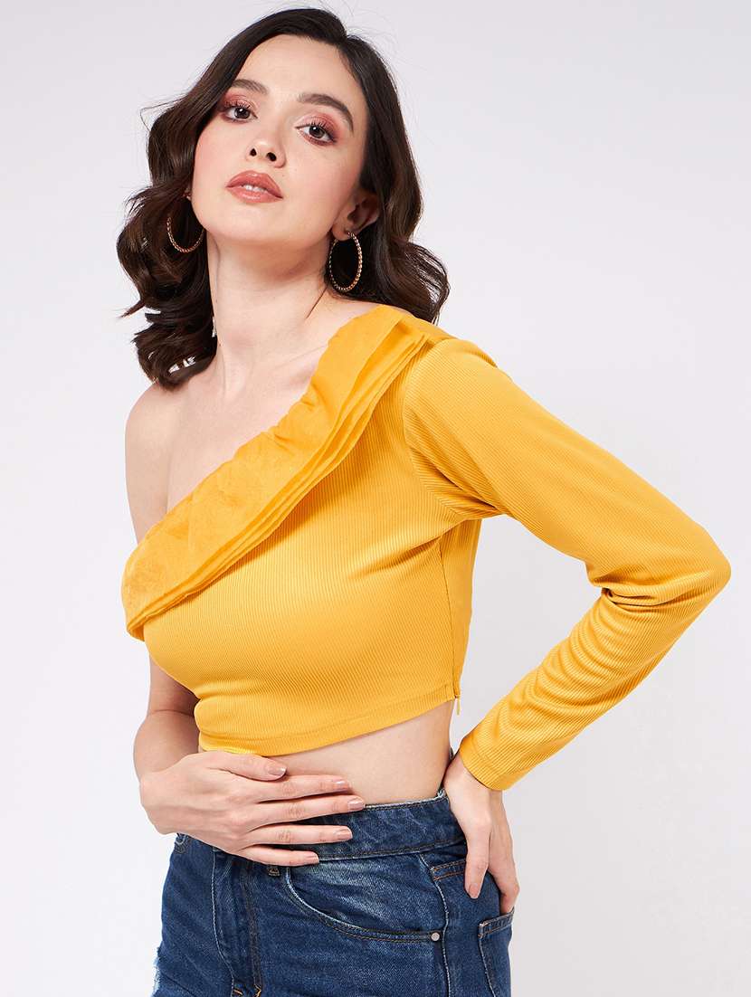 women solid single shoulder crop top - 21644611 -  Standard Image - 1