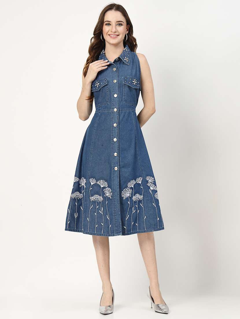 women blue embellished sleeveless a-line dress - 21644615 -  Standard Image - 4