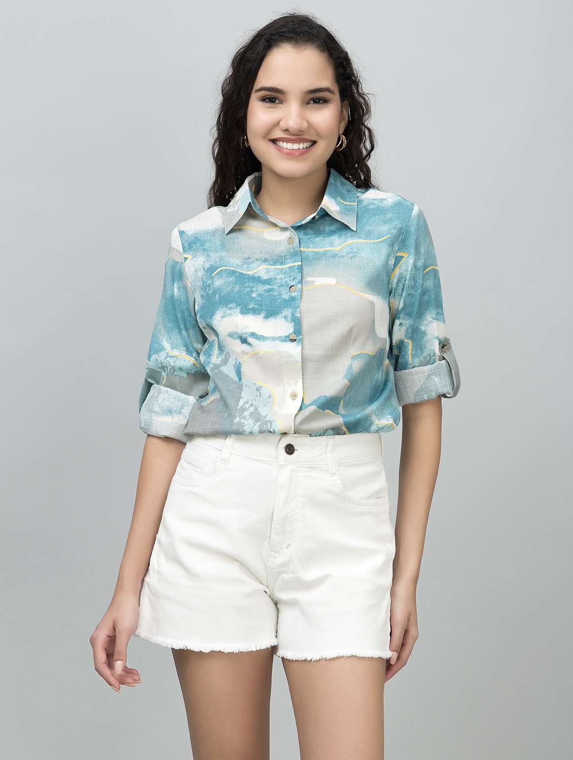 women light blue printed long sleeve shirt