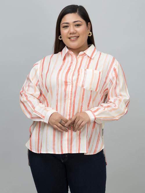 women stripes plus size long sleeve high-low shirt - 21644622 -  Standard Image - 0