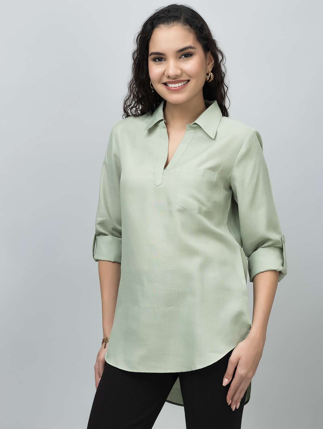 women solid long sleeve side slit tunic - 21644625 -  Standard Image - 1