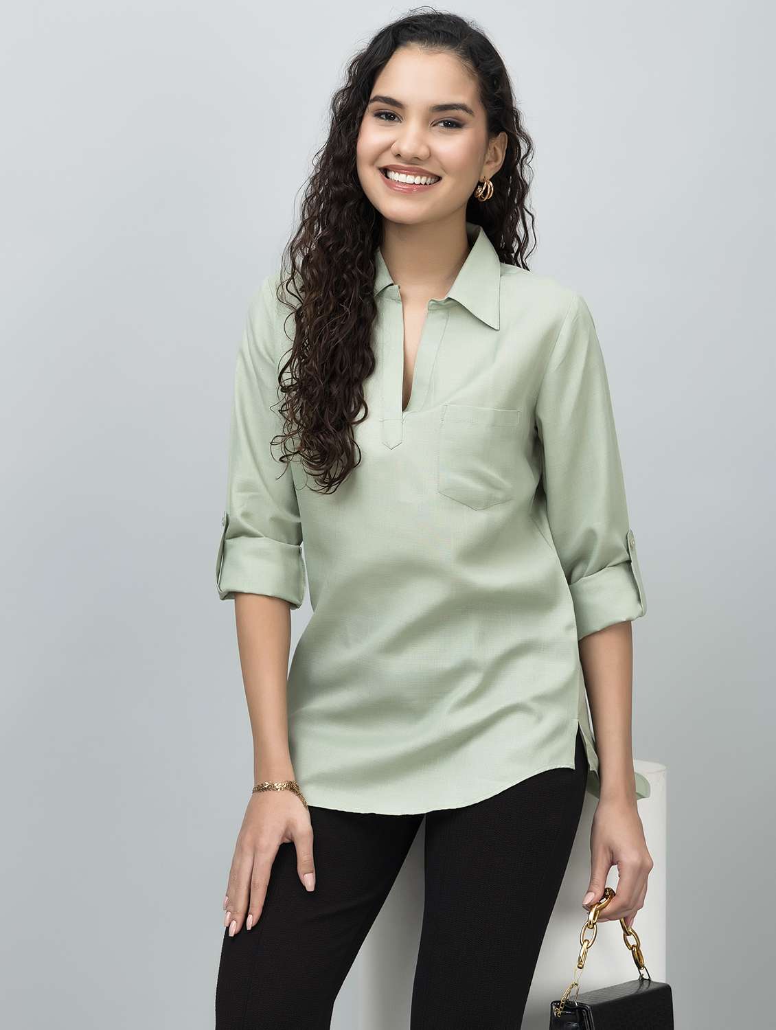 women solid long sleeve side slit tunic - 21644625 -  Standard Image - 4