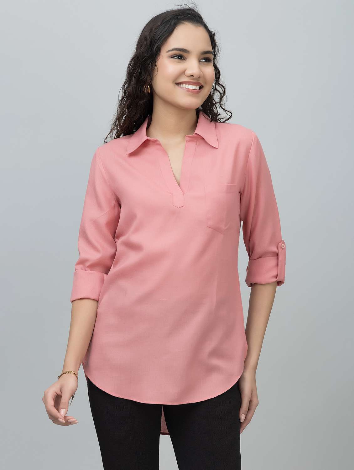 women solid shirt collar tunic