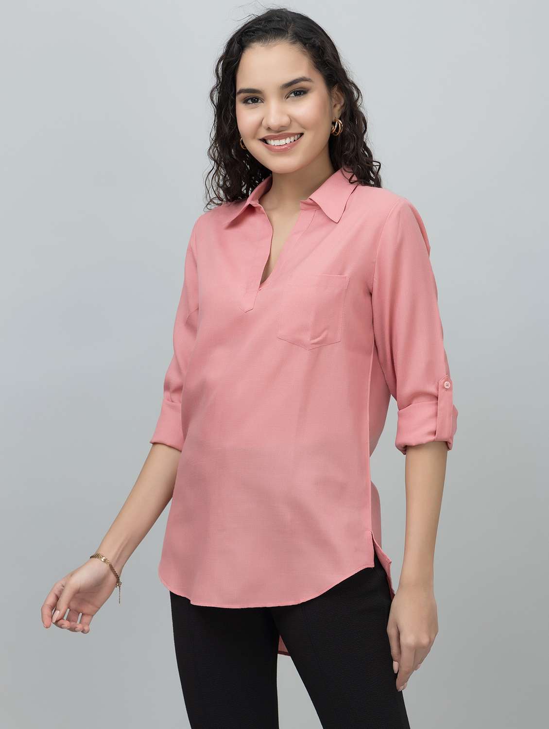 women solid shirt collar tunic - 21644626 -  Standard Image - 1