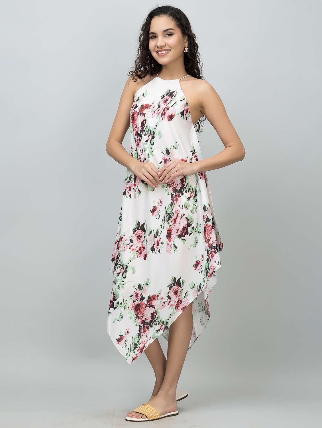 women floral printed halter neck asymmetric dress
