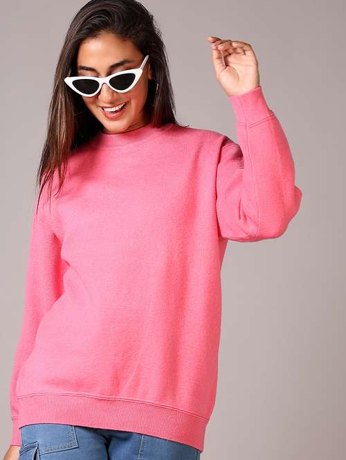 women pink solid crew neck long sleeve pullover - 21645249 - Standard Image - 0