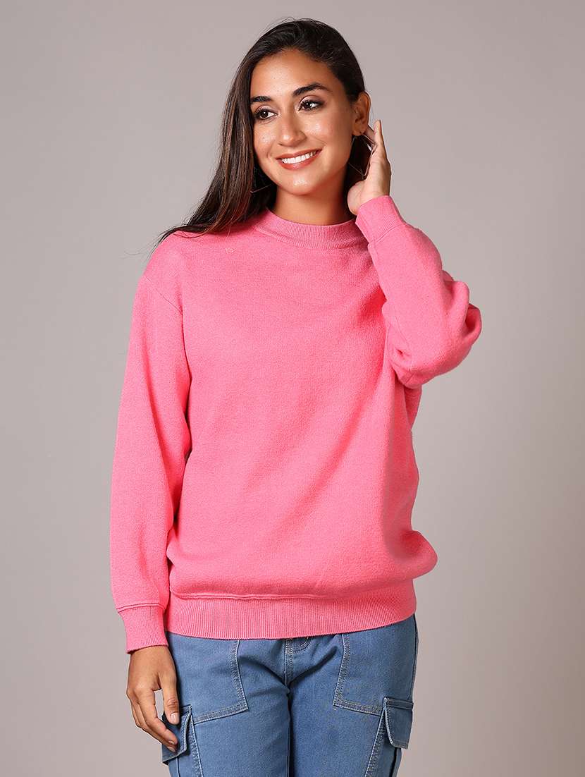women pink solid crew neck long sleeve pullover - 21645249 - Standard Image - 1