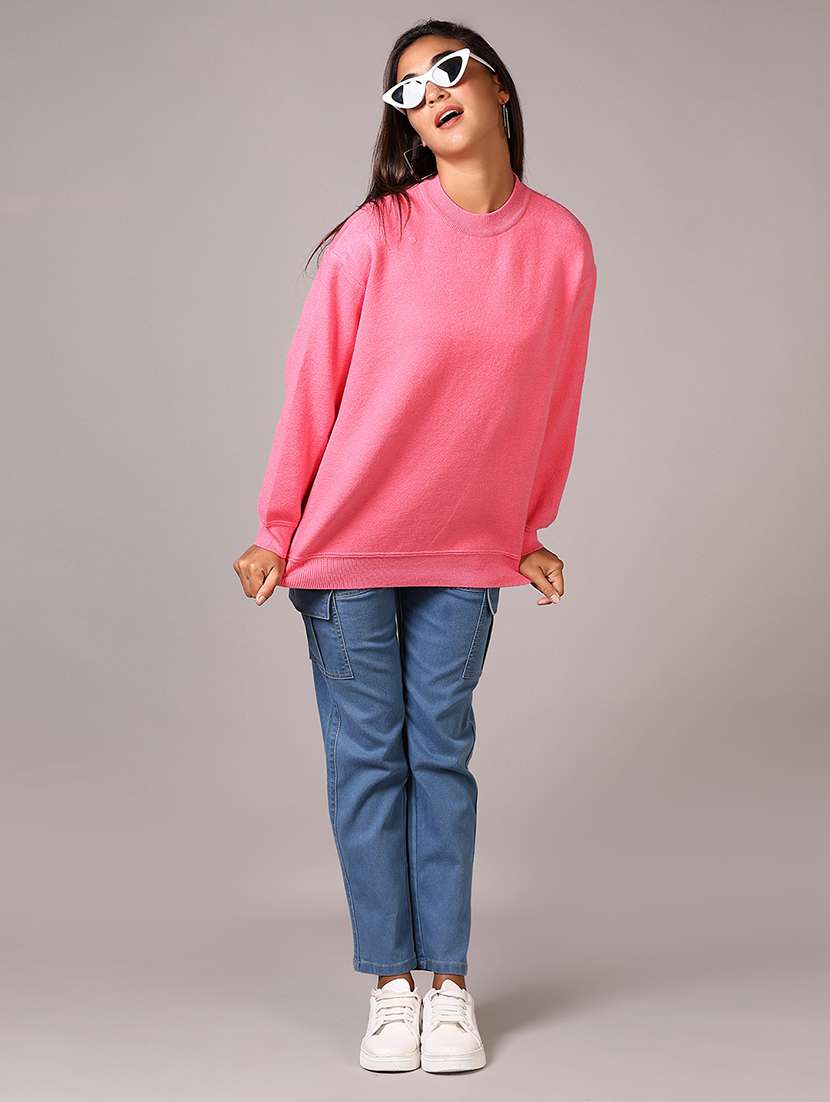 women pink solid crew neck long sleeve pullover - 21645249 - Standard Image - 4