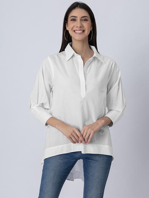 women solid long sleeves high-low shirt - 21645548 - Standard Image - 0