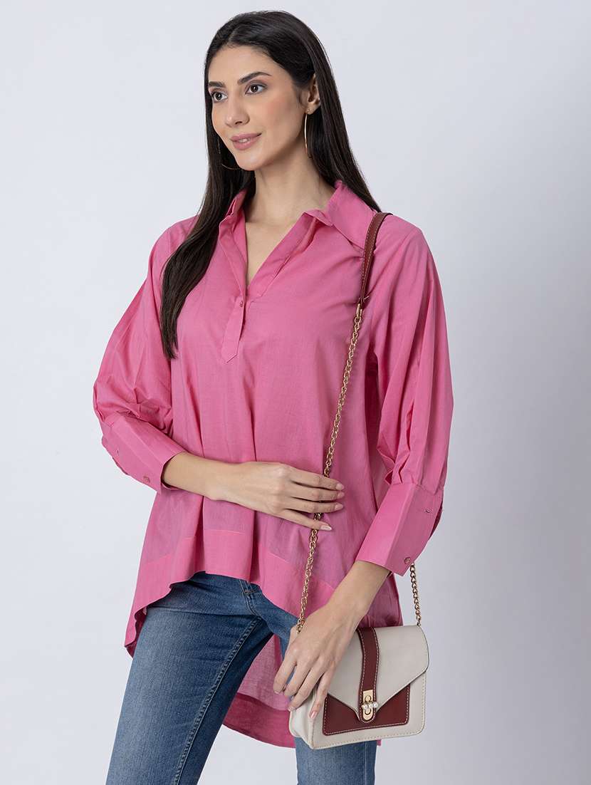 women solid long sleeves high-low shirt - 21645549 - Standard Image - 1