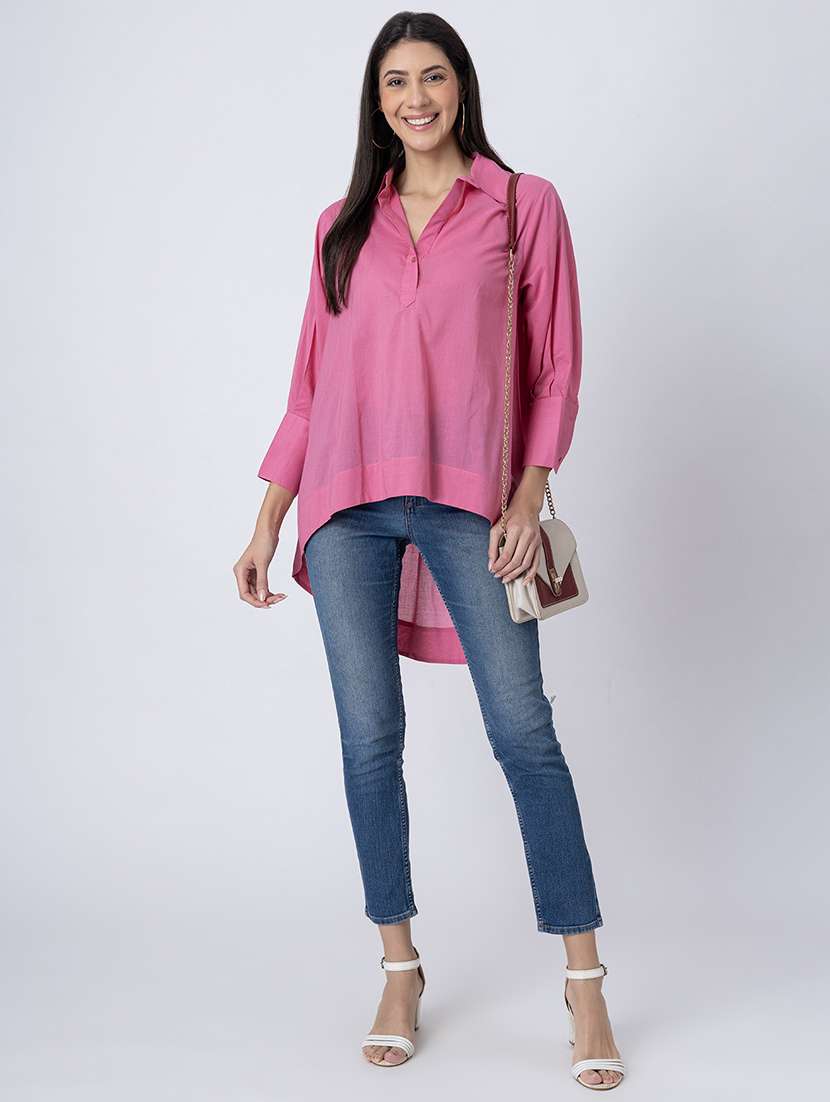 women solid long sleeves high-low shirt - 21645549 - Standard Image - 4