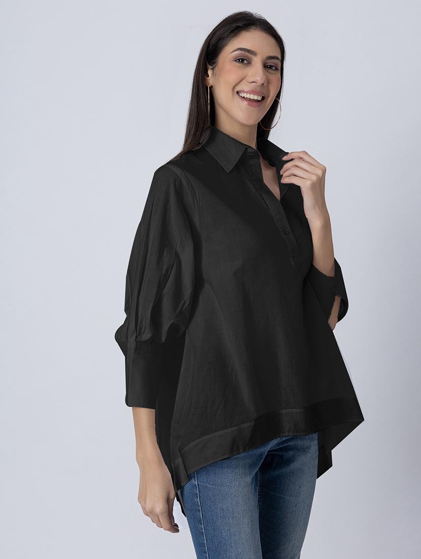 women solid long sleeves high-low shirt - 21645550 - Standard Image - 1