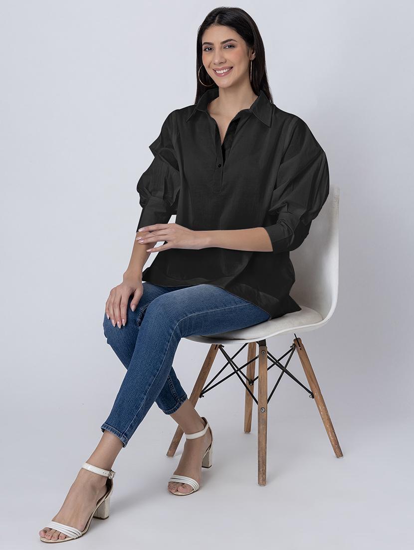 women solid long sleeves high-low shirt - 21645550 - Standard Image - 4