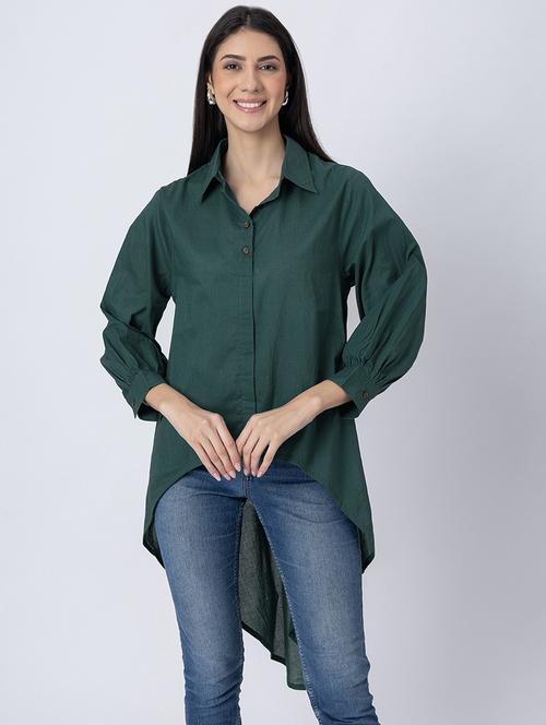 women solid long sleeves high-low shirt - 21645552 -  Standard Image - 0