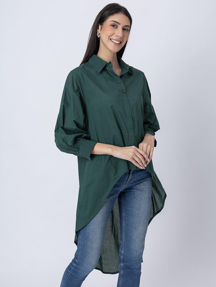 women solid long sleeves high-low shirt - 21645552 -  Standard Image - 1