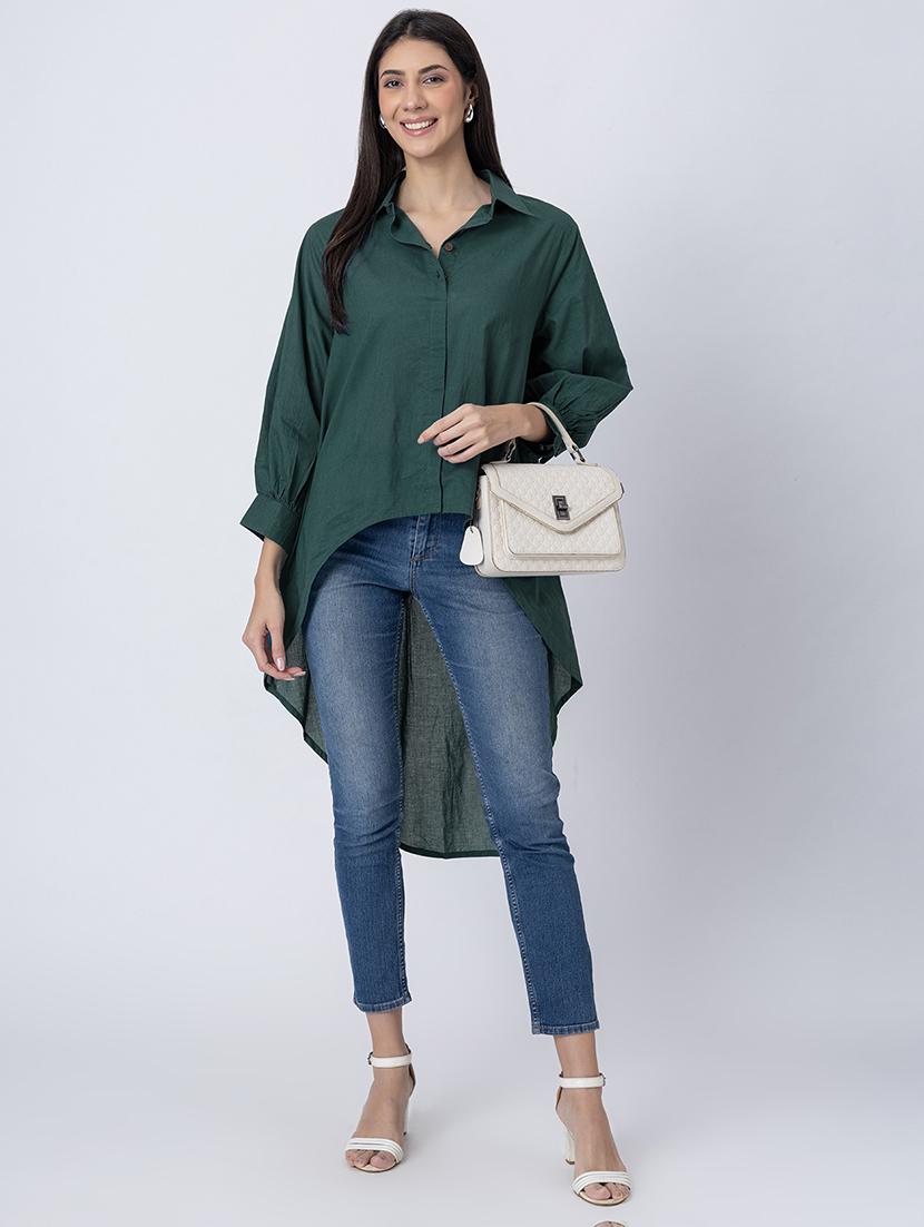 women solid long sleeves high-low shirt - 21645552 - Standard Image - 4