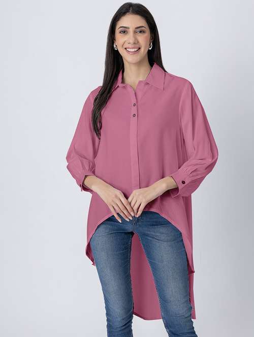 women solid long sleeves high-low shirt - 21645553 - Standard Image - 0