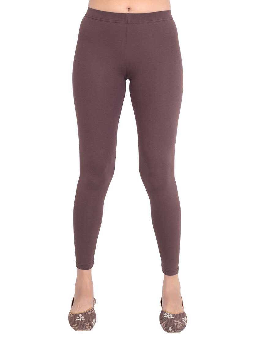 brown cotton blend women plain ankle length mid rise leggings
