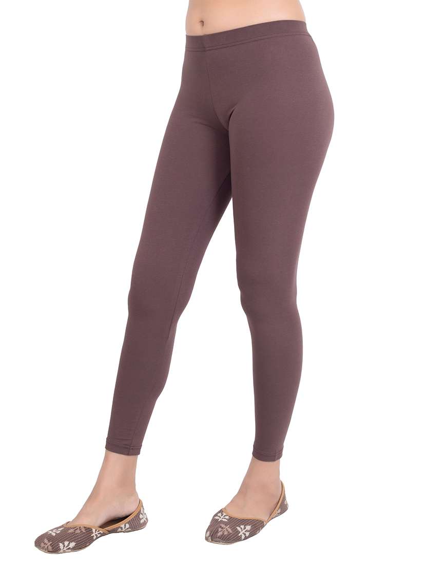 brown cotton blend women plain ankle length mid rise leggings - 21645752 -  Standard Image - 1