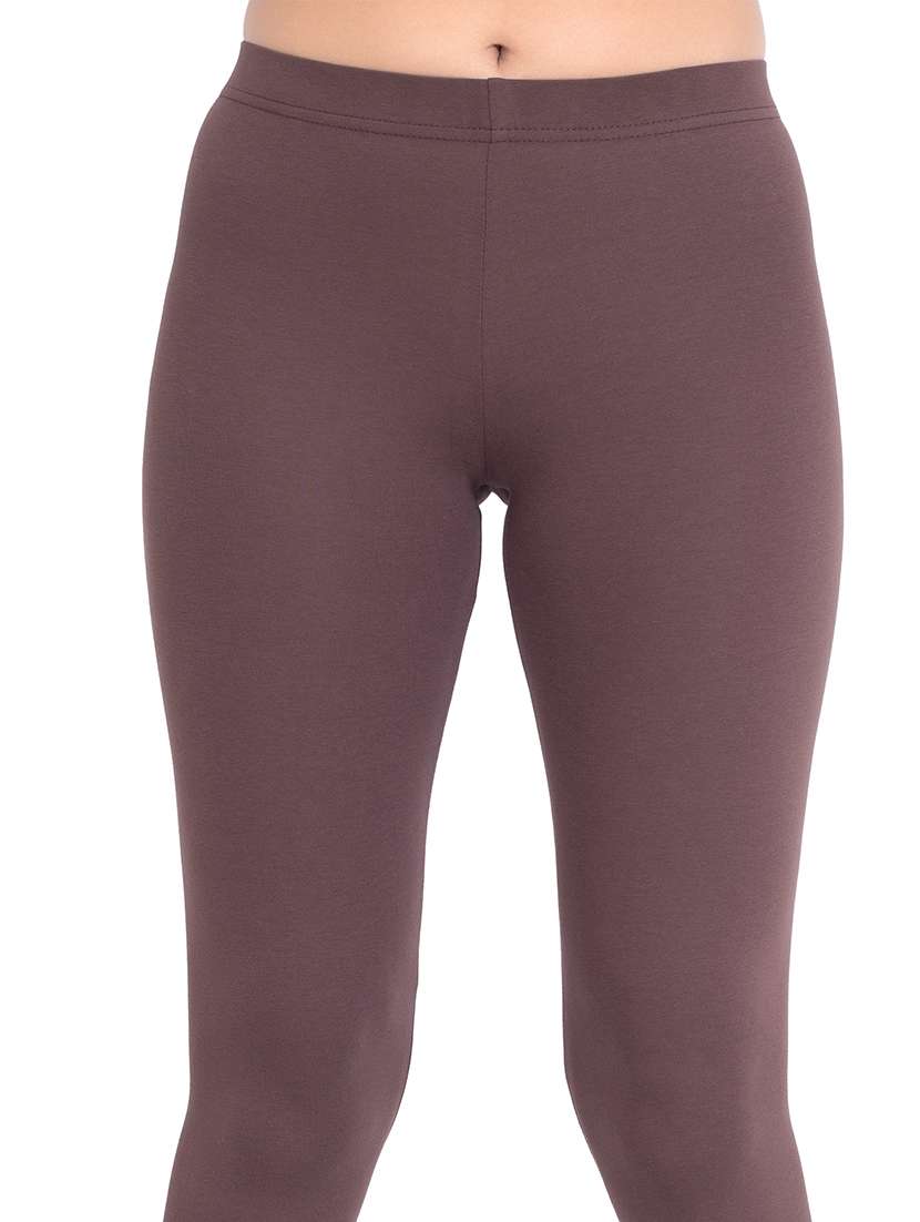 brown cotton blend women plain ankle length mid rise leggings - 21645752 -  Standard Image - 4