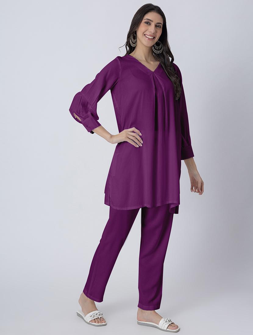 women solid v neck a-line kurti - 21645800 - Standard Image - 1