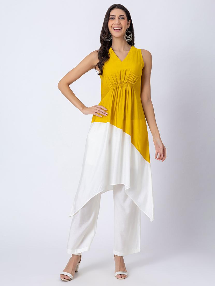 women color block v neck asymmetric kurta - 21645815 - Zoom Image - 0