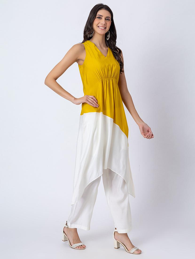 women color block v neck asymmetric kurta - 21645815 -  Standard Image - 1