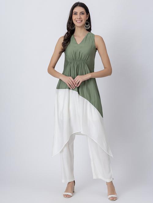 women color block v neck asymmetric kurta - 21645816 - Standard Image - 0