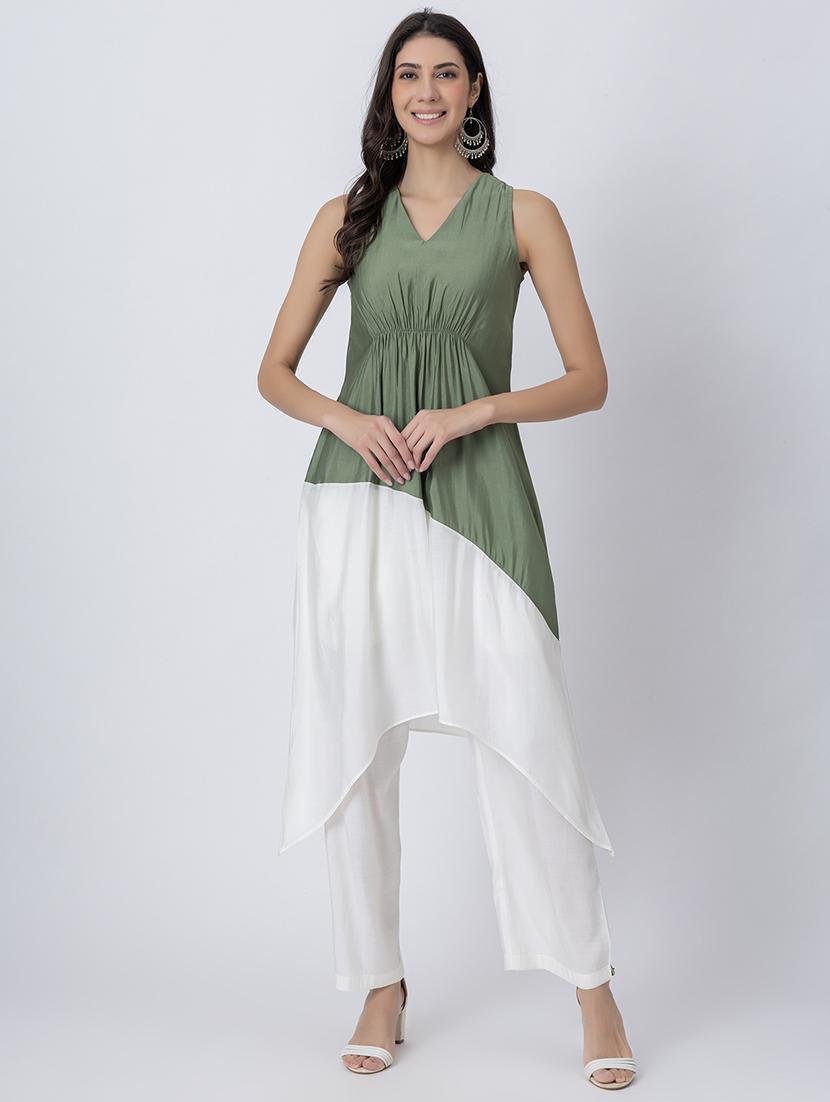 women color block v neck asymmetric kurta