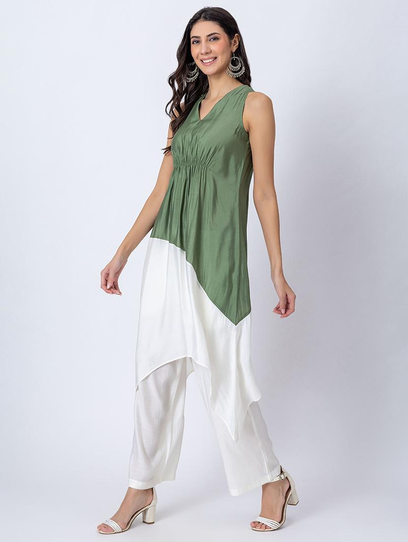 women color block v neck asymmetric kurta - 21645816 -  Standard Image - 1