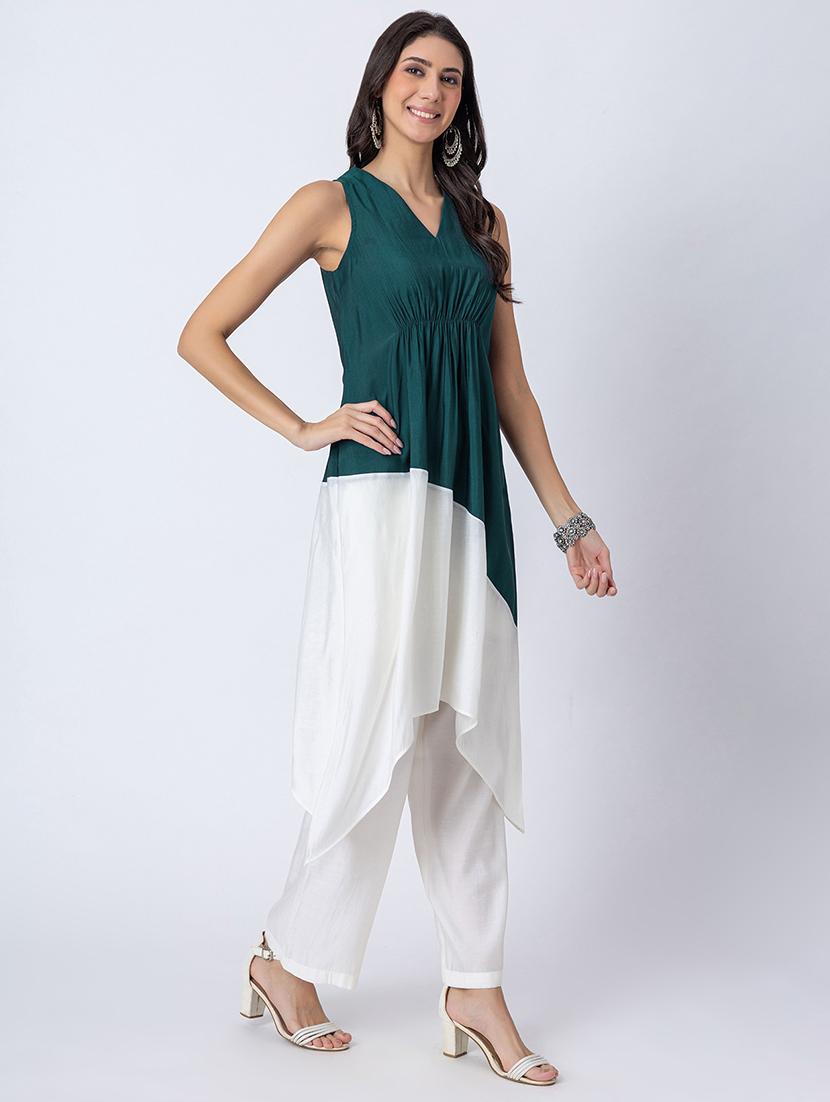 women color block v neck asymmetric kurta - 21645817 -  Standard Image - 1