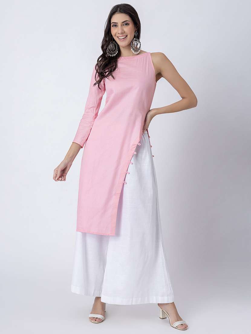 women solid boat neck front slit kurta