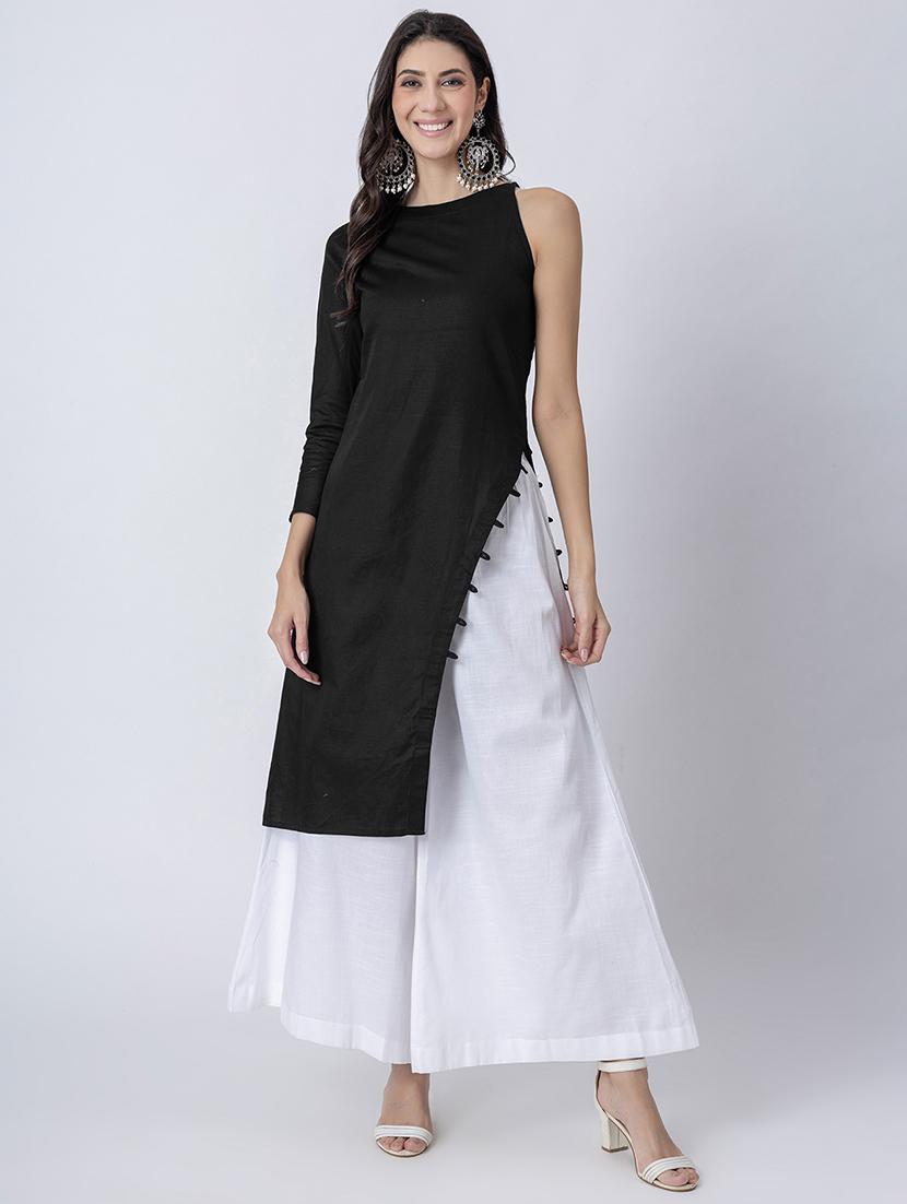 women solid boat neck front slit kurta - 21645819 -  Zoom Image - 0