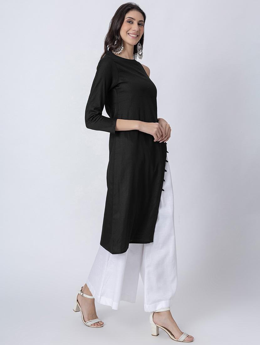 women solid boat neck front slit kurta - 21645819 -  Standard Image - 1