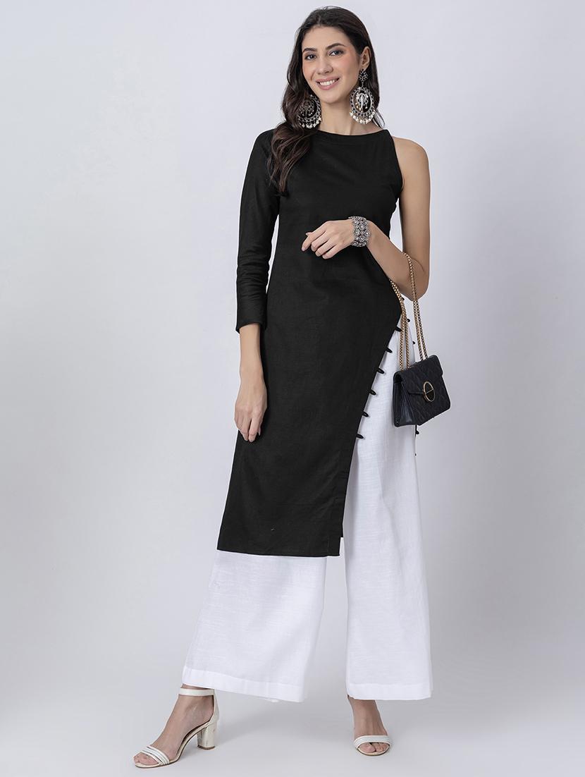 women solid boat neck front slit kurta - 21645819 - Standard Image - 4
