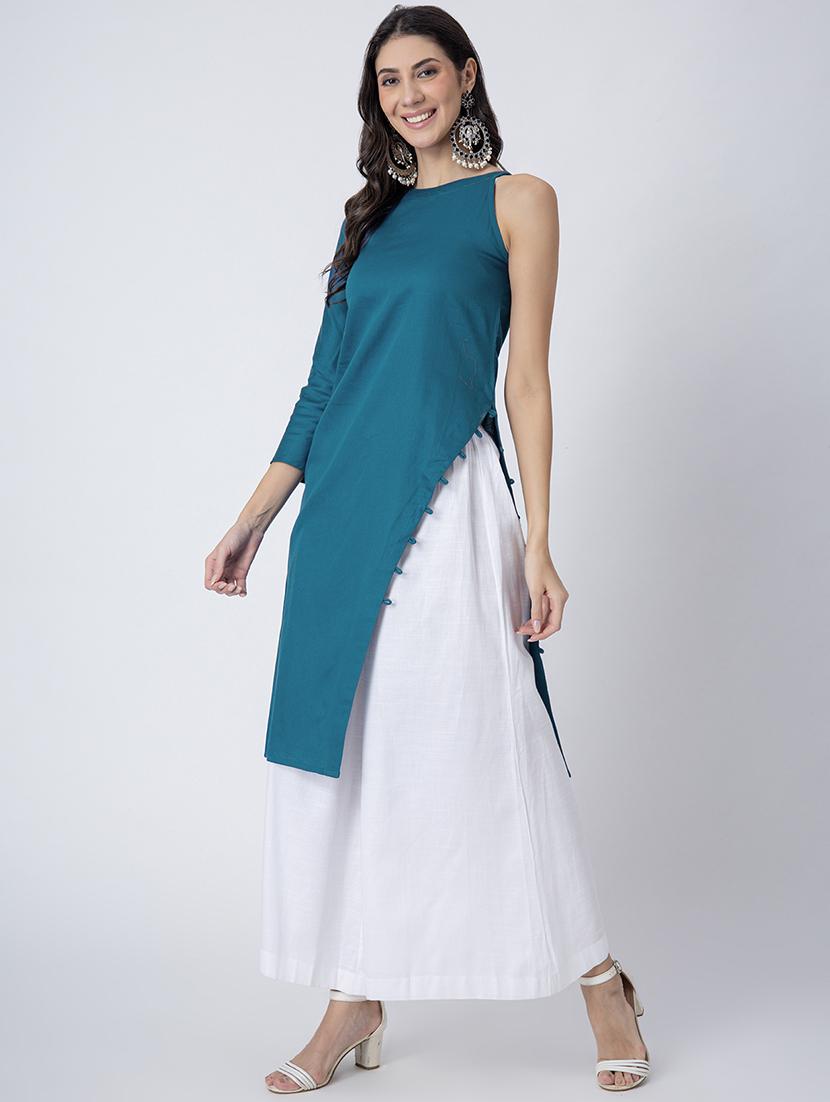 women solid boat neck front slit kurta - 21645820 - Standard Image - 1