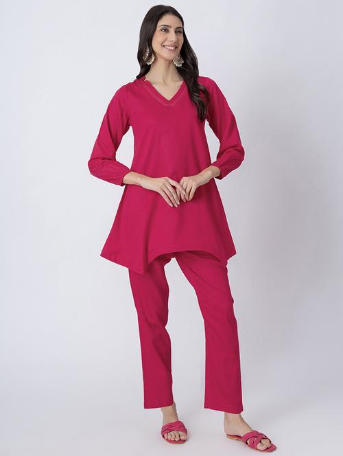 women pink solid v neck a-line kurti - 21645833 -  Standard Image - 0