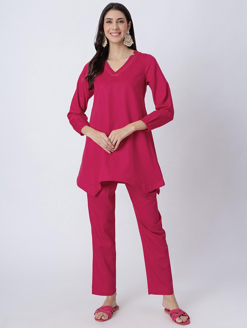 women pink solid v neck a-line kurti - 21645833 - Standard Image - 1