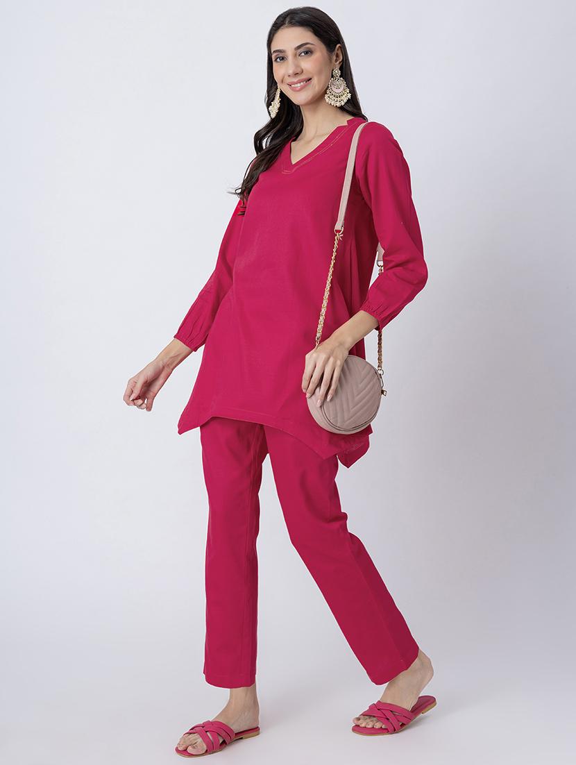 women pink solid v neck a-line kurti - 21645833 - Standard Image - 4