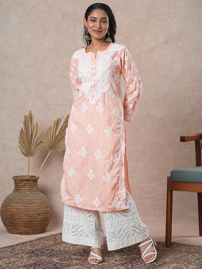 women long sleeve straight chikankari kurta - 21645838 - Standard Image - 1