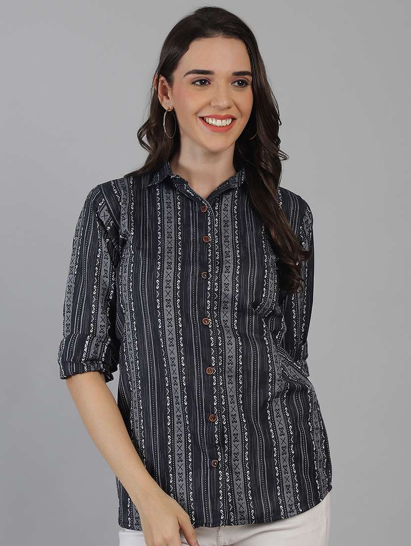 women printed collared regular fit shirt
