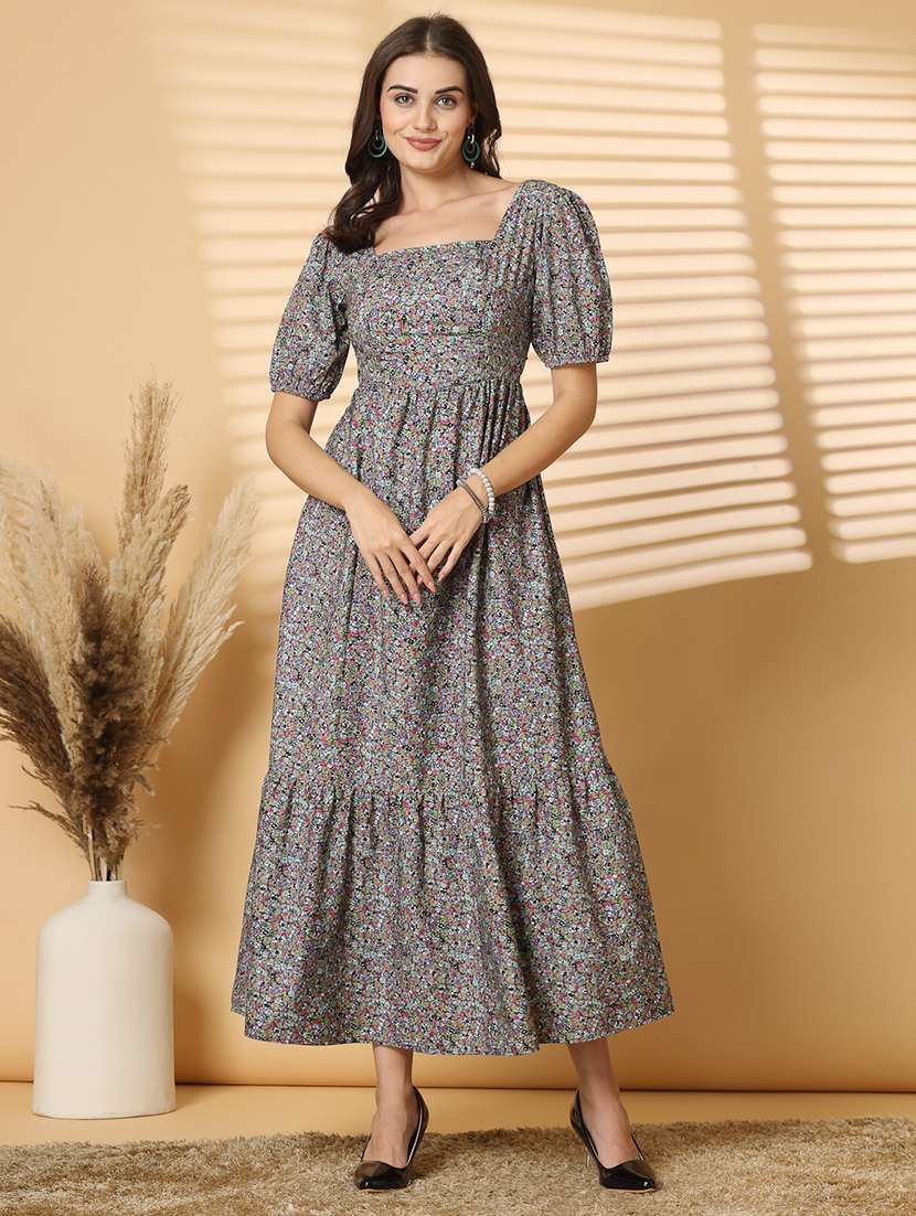 women square neck floral printed tiered dress