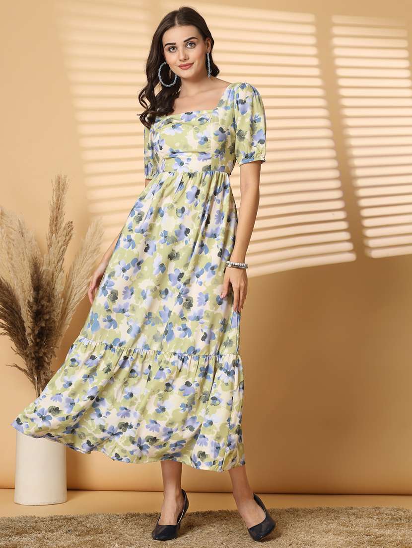 women square neck floral printed tiered dress