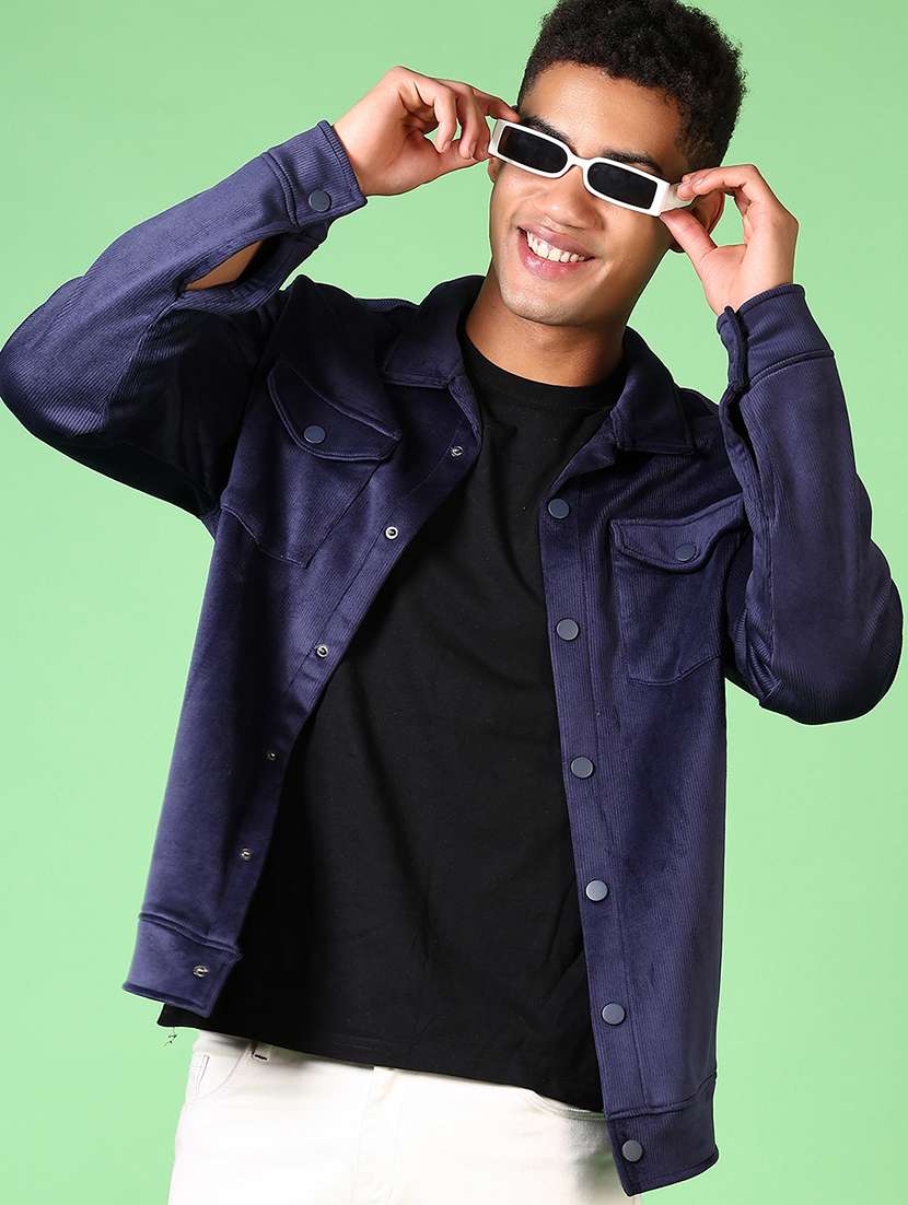 men blue solid long sleeve shacket - 21646041 -  Standard Image - 1