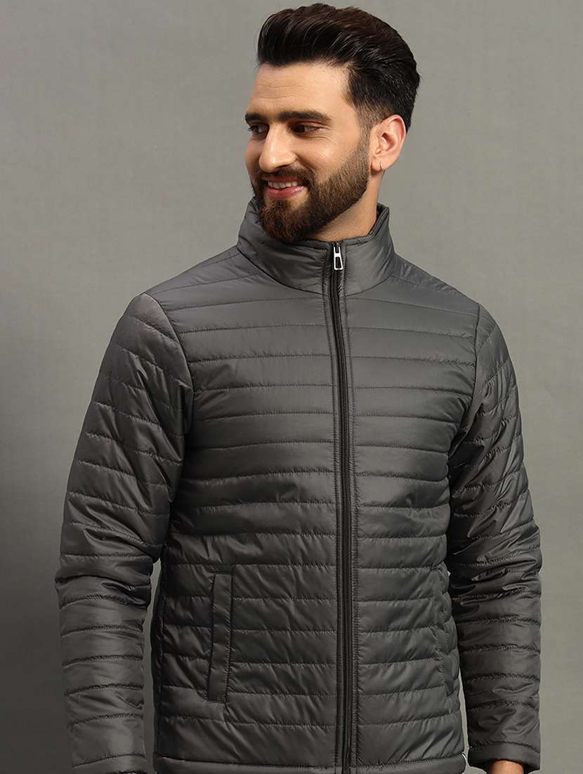 men solid stand collar neck quilted jacket - 21646549 -  Standard Image - 1